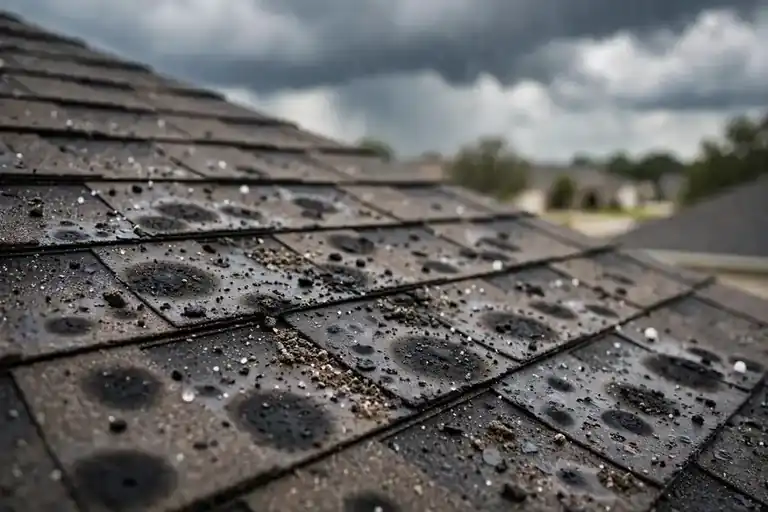 Hail impact marks on asphalt shingles under a stormy sky