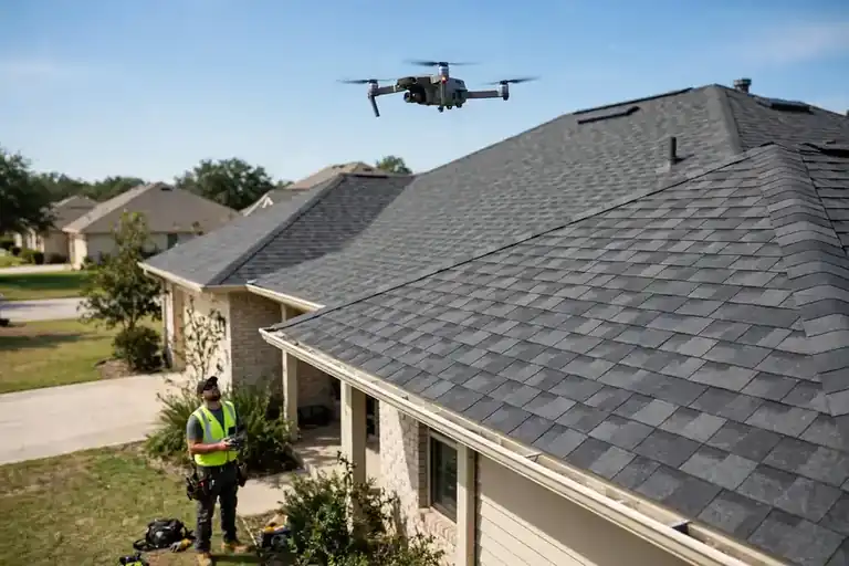 Drone and roof inspector checking a shingle roof on a suburban house