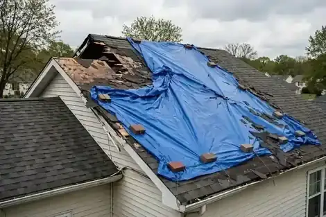 Blue tarp covering storm damage on a shingle roof